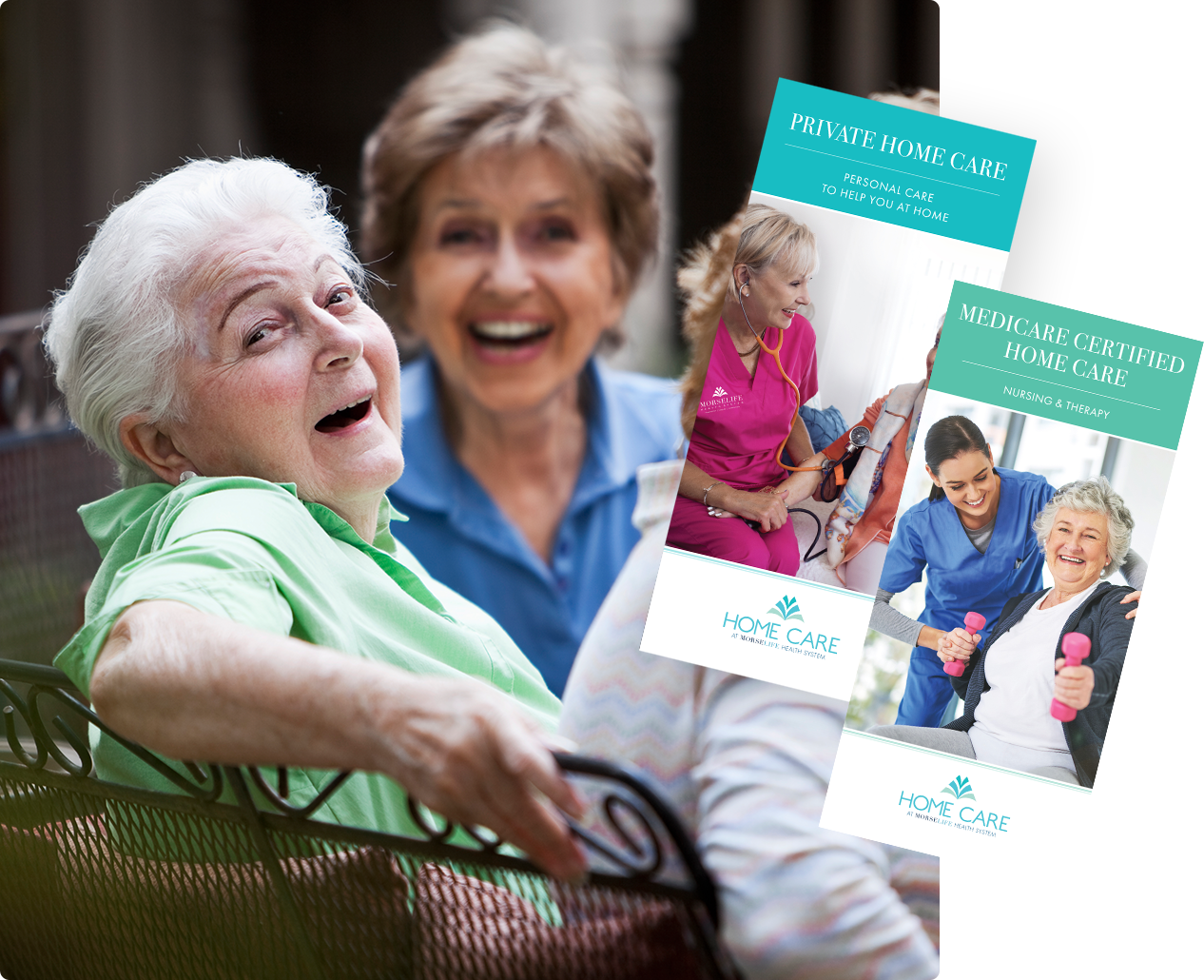 Home Health Care Brochure with senior sitting at home with aide