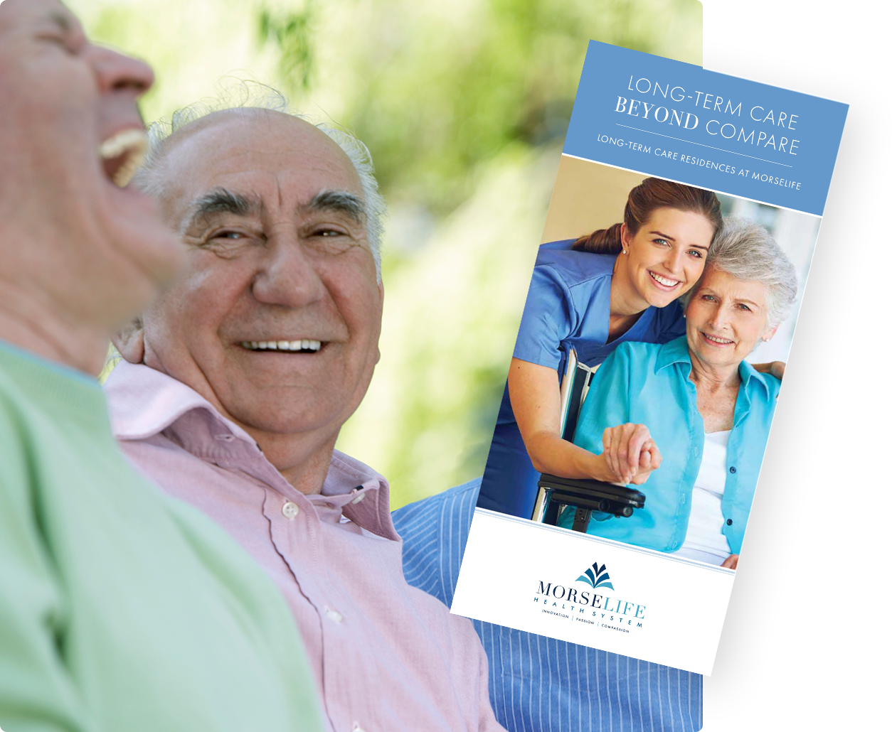 Long-term Care brochure with older men enjoying numerous activities