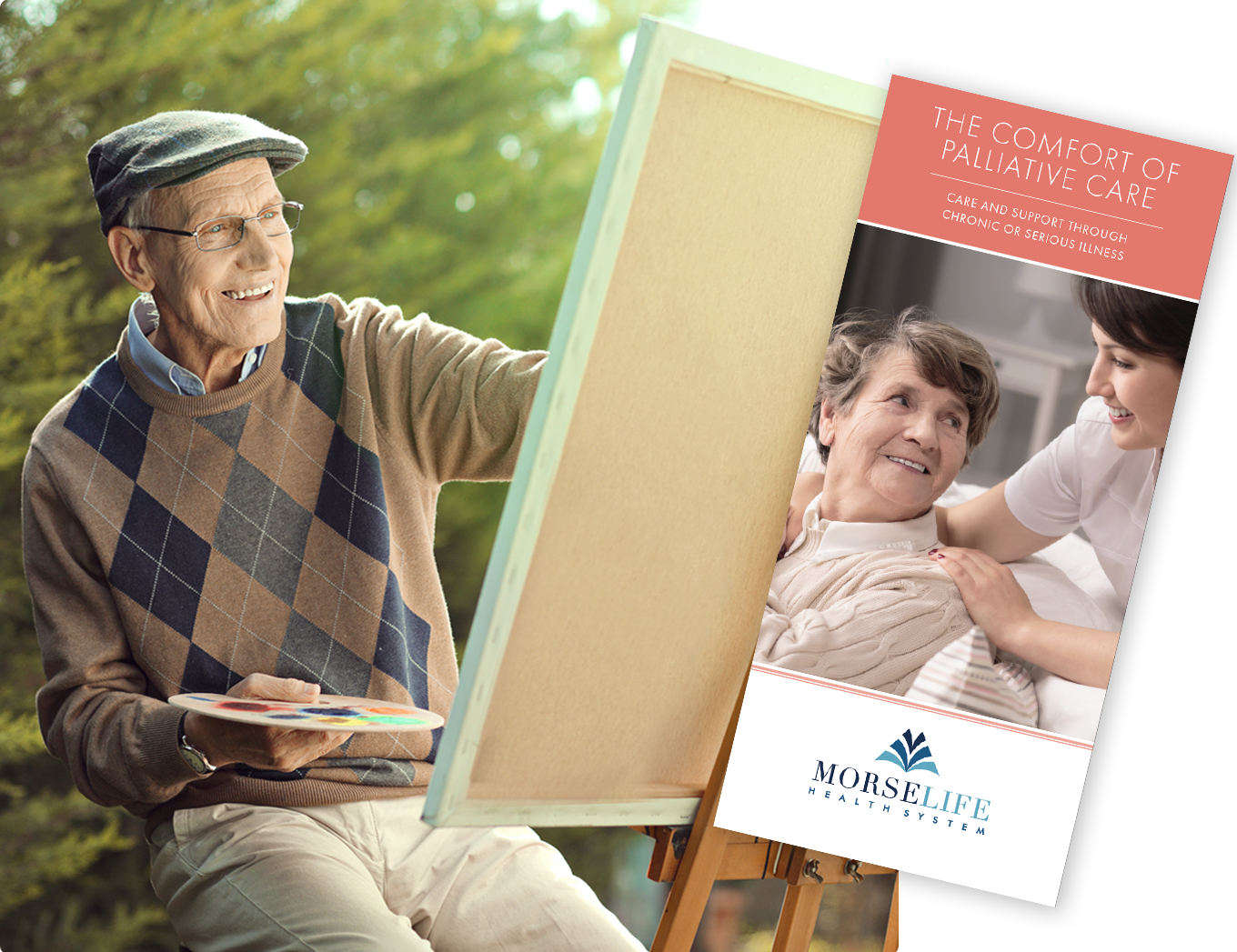 Palliative Care brochure with senior man painting, art therapy, occupational therapy, holistic treatments, palliative care